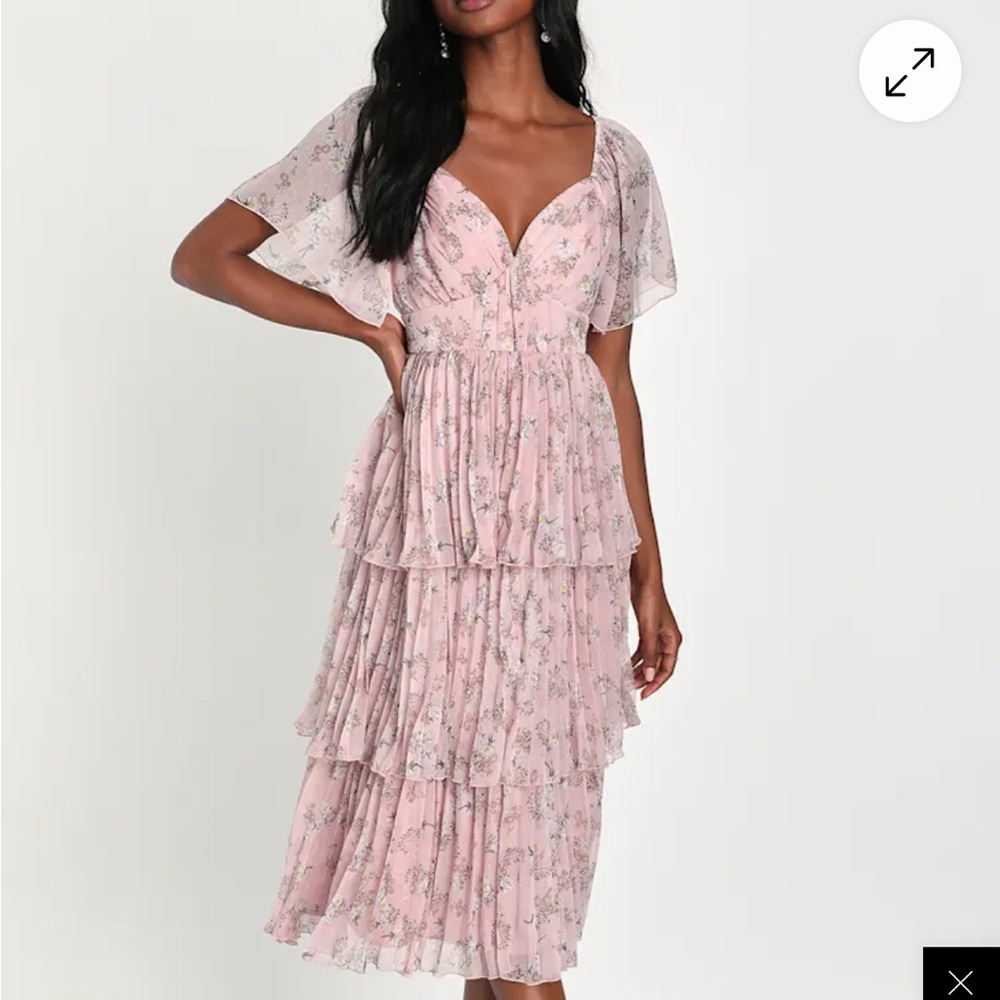 Gentle Charm Mauve Floral Print Pleated Tiered Midi Dress